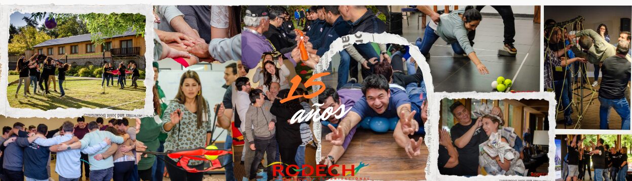 Collage de actividades de team building para empresas realizadas por RODECH en sus 15 años de experiencia fortaleciendo equipos de trabajo